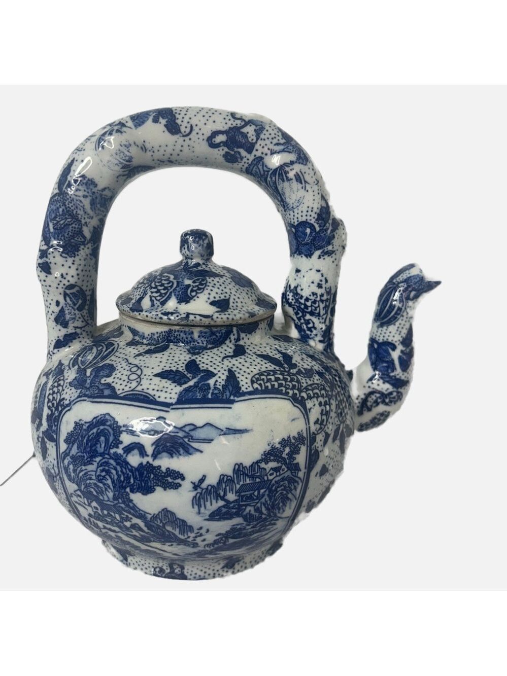 Vintage Asian Blue and White Glazed Porcelain Teapot Nature